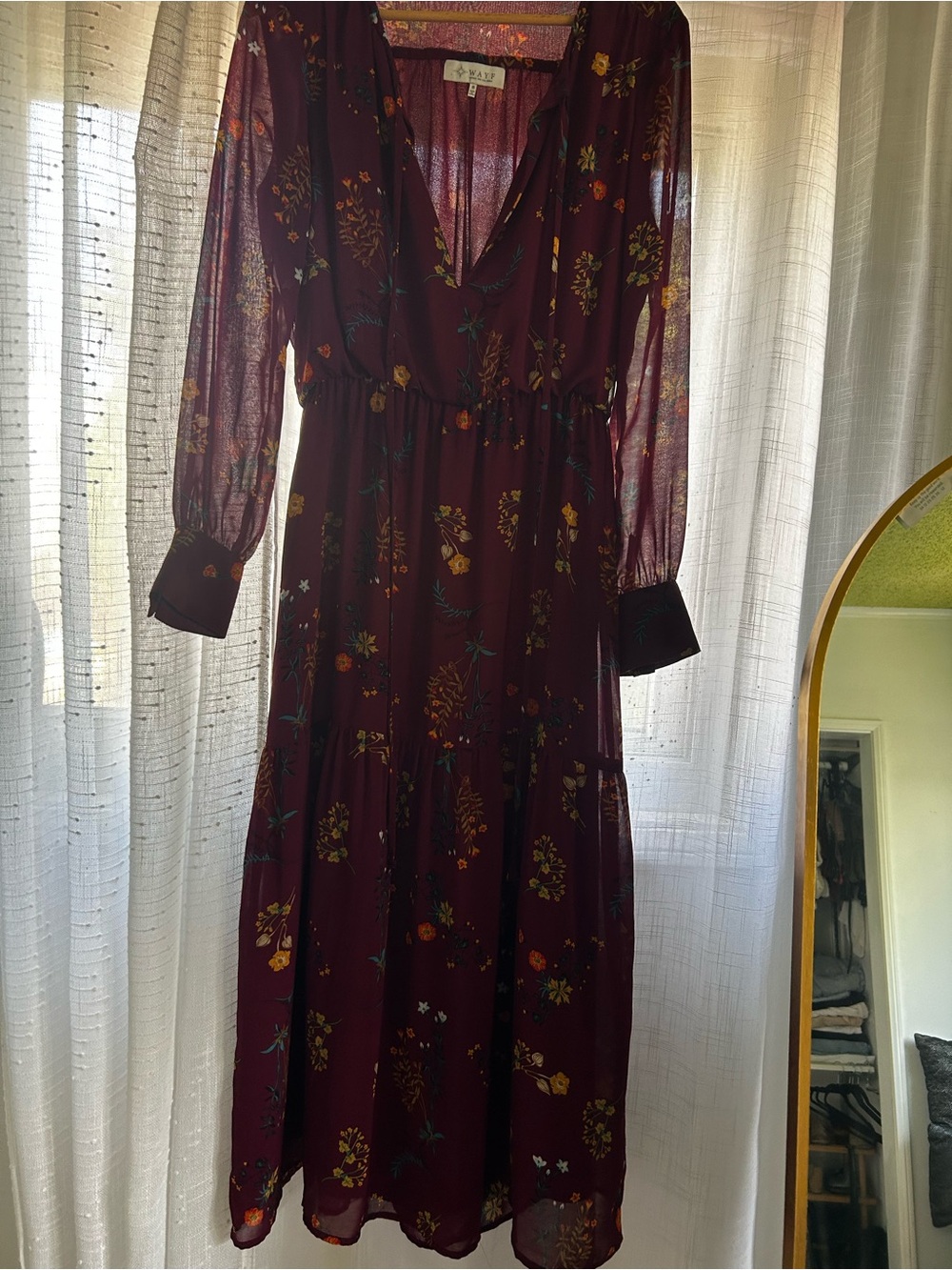 wayf burgundy floral long sleeve midi dress size small - Picture 2 of 13